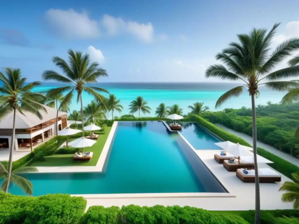 Paraíso de lujo: resort exclusivo con vistas impresionantes Invertir en resorts de lujo: Exclusivo resort frente al mar con aguas turquesas, playa blanca y arquitectura moderna elegante