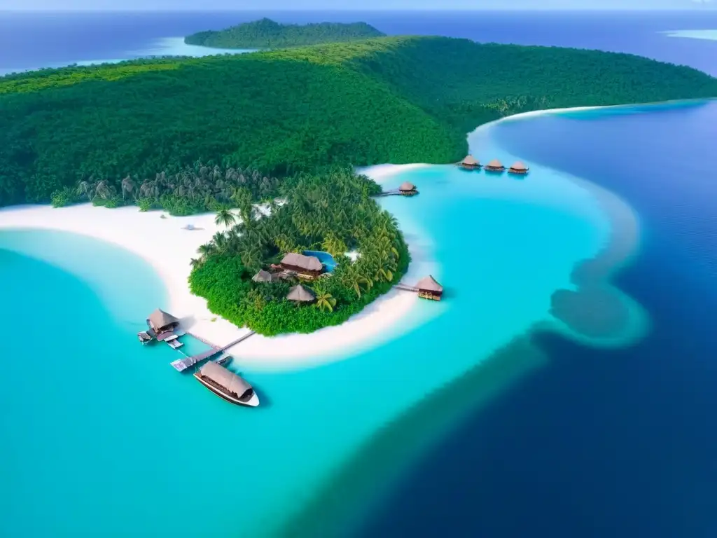 Paraíso exclusivo: Resort de lujo en isla privada Resorts de lujo en islas privadas: atardecer dorado en exclusivo paraíso tropical con villas sobre el agua y aguas cristalinas