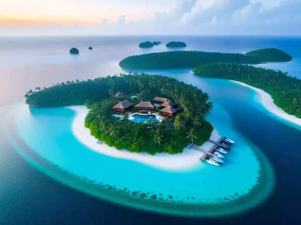 Paraíso privado: lujoso resort en isla con aguas turquesas Resorts de lujo en islas privadas: Atardecer dorado en exclusivo paraíso con villas sobre el agua, playa y yate
