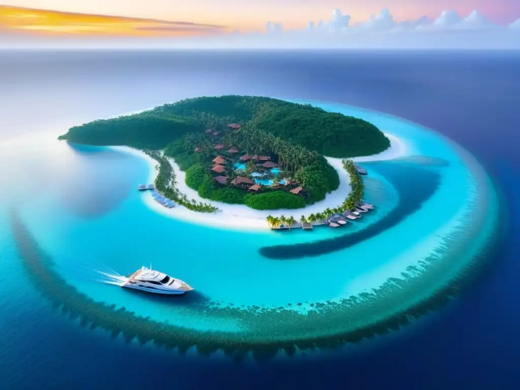 Paraíso de lujo: isla privada con villas sobre el agua y atardecer dorado Resorts de lujo en islas: Vista aérea de un exclusivo paraíso privado con villas sobre el agua, playas de arena blanca y aguas turquesas