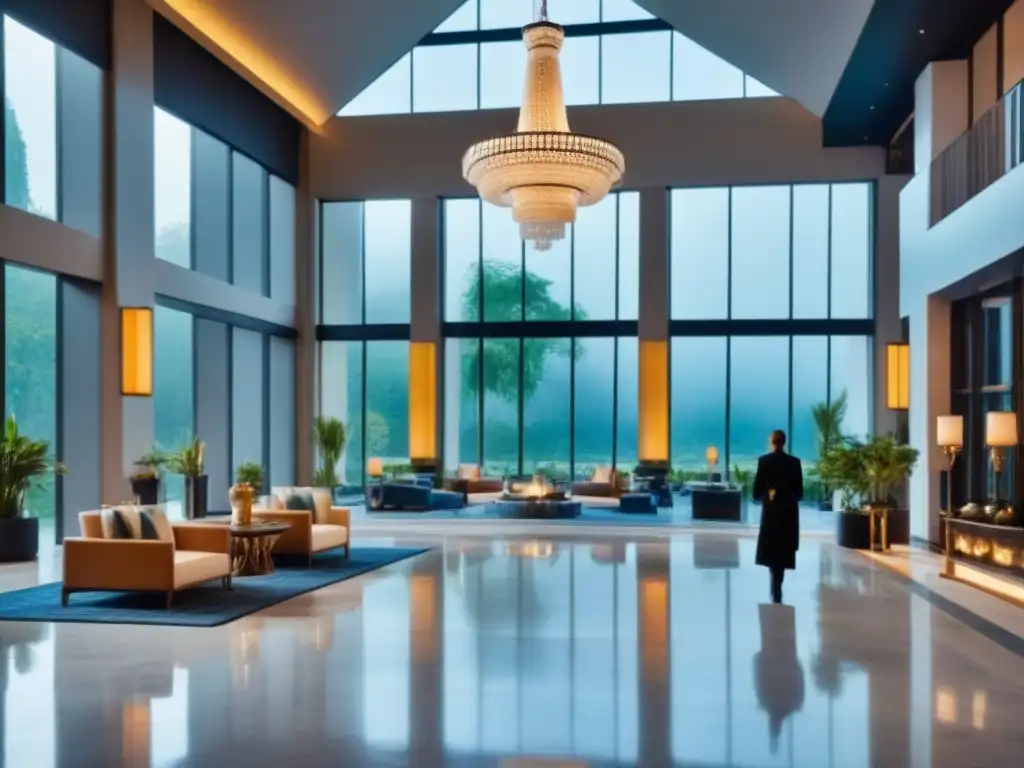 Exclusivo lobby de resort moderno y lujoso con piscina Invertir en resorts de lujo: Lobby moderno con suelos de mármol, mobiliario de diseño y una impresionante lámpara colgante