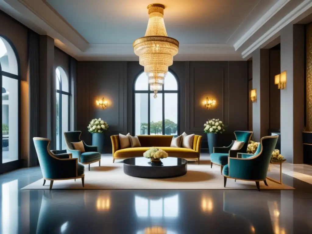 Exclusivo lobby de resort con chandelier y arte contemporáneo Decoración interior de resorts de lujo: lobby opulento con detalles elegantes y cálida iluminación