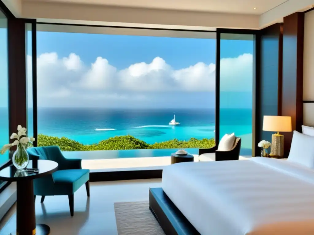 Suite de lujo con vista al mar turquesa y elegante diseño moderno Decoración interior de resorts de lujo: Habitación moderna con vista al mar turquesa y elegantes detalles dorados y azules