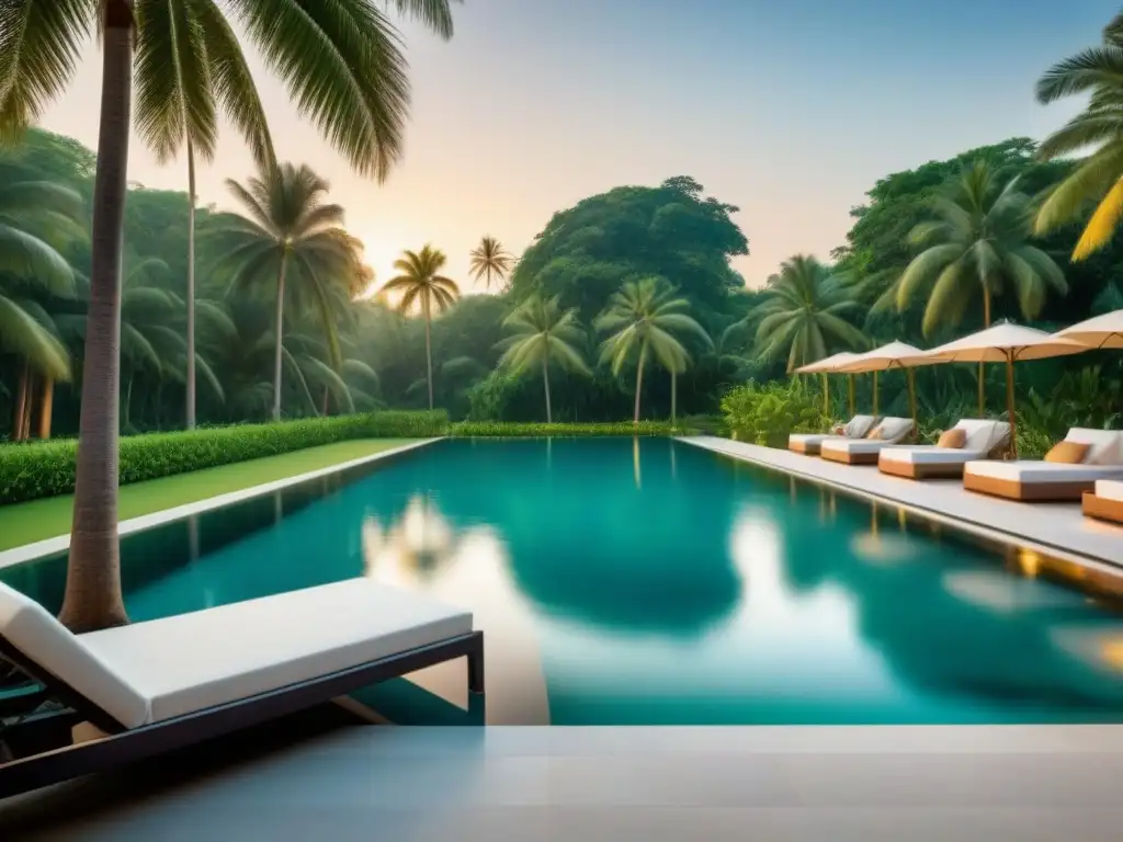 Paraíso tropical: piscina infinita de lujo al atardecer Resorts de lujo con spas: Infinity pool en paraíso tropical, elegancia y relajación al atardecer