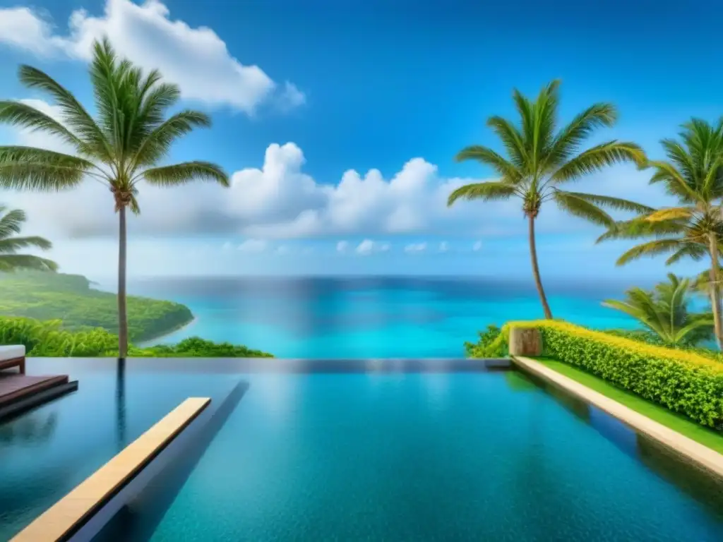Paraíso tropical: resort de lujo con piscina infinita y vistas al mar Resorts de lujo con spas: vista aérea de un lujoso complejo rodeado de exuberante vegetación, con piscina infinita y vista al mar cristalino
