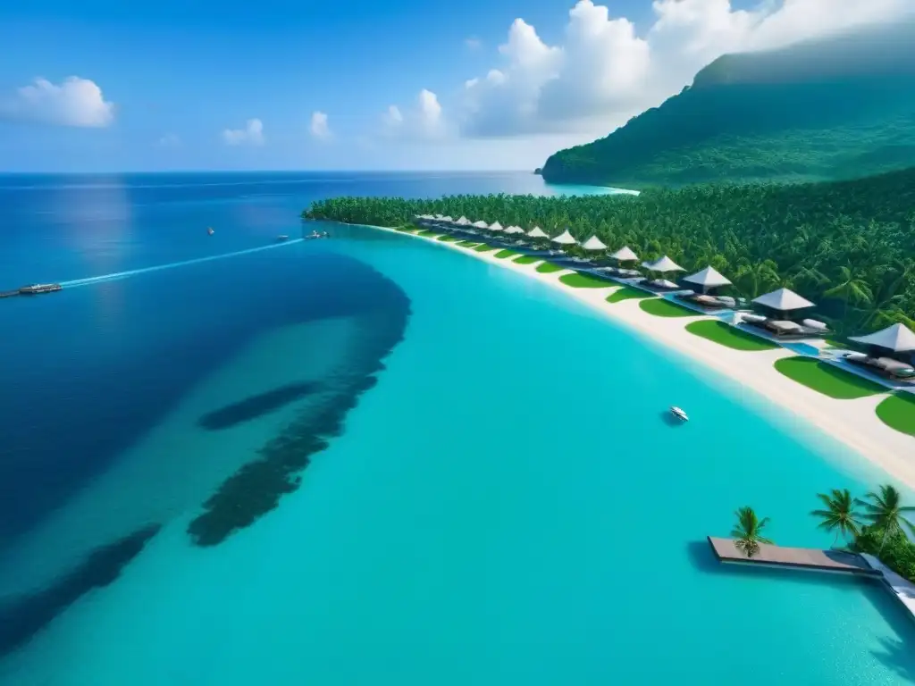 Paraísos de lujo: resort frente al mar con helicóptero y exclusividad Invertir en resorts de lujo: Vista aérea de un lujoso resort en la playa con aguas turquesas, palmeras y helicóptero aterrizando