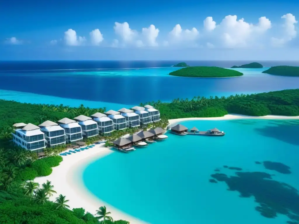 Resort de lujo en isla tropical: opulencia y exclusividad Resorts de tiempo compartido lujo: Resort exclusivo en isla tropical con arquitectura moderna, piscinas infinitas y vistas al mar