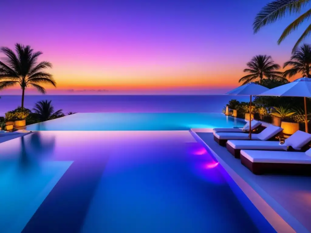 Piscina infinita de lujo al atardecer en playa paradisíaca Resorts de tiempo compartido de lujo: Atardecer en piscina infinita con palmeras y playa de aguas turquesas, creando una atmósfera serena y lujosa
