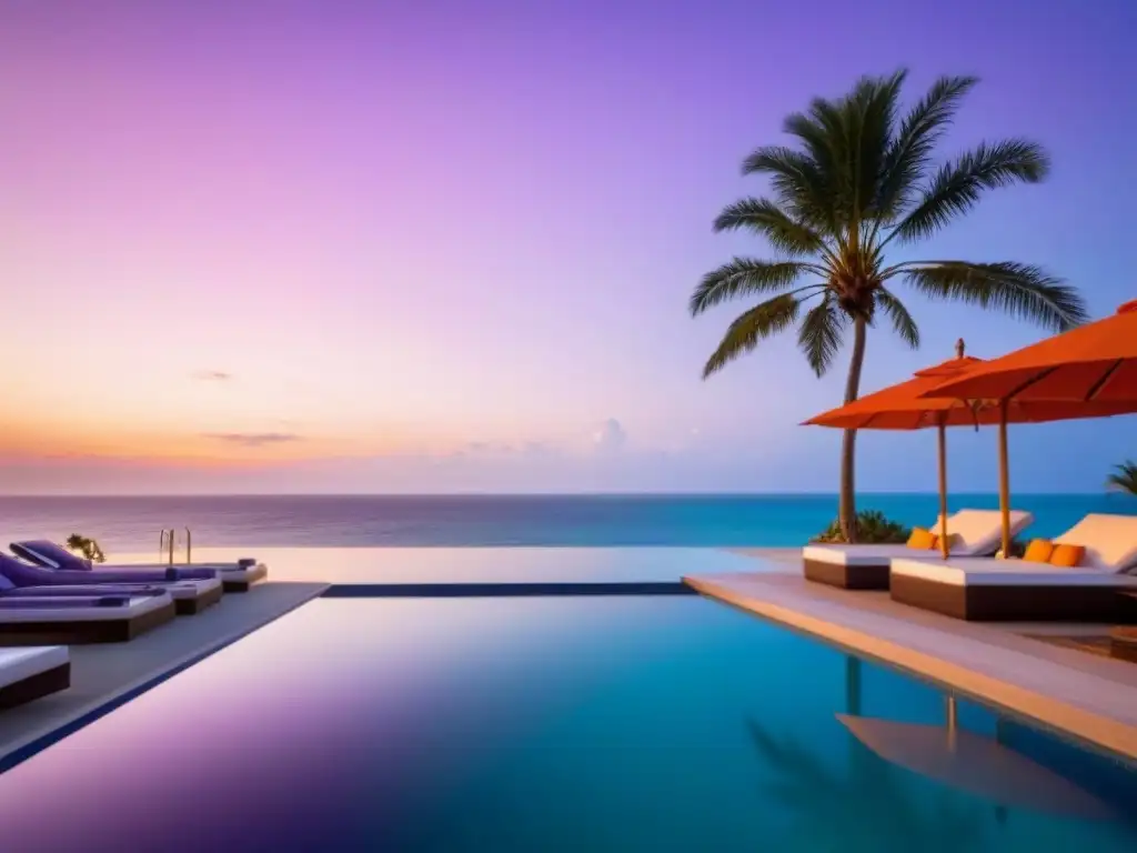 Piscina infinita de lujo con atardecer en playa paradisíaca Resorts de tiempo compartido lujo: Infinity pool con vista a la playa al atardecer, exclusividad y relajación