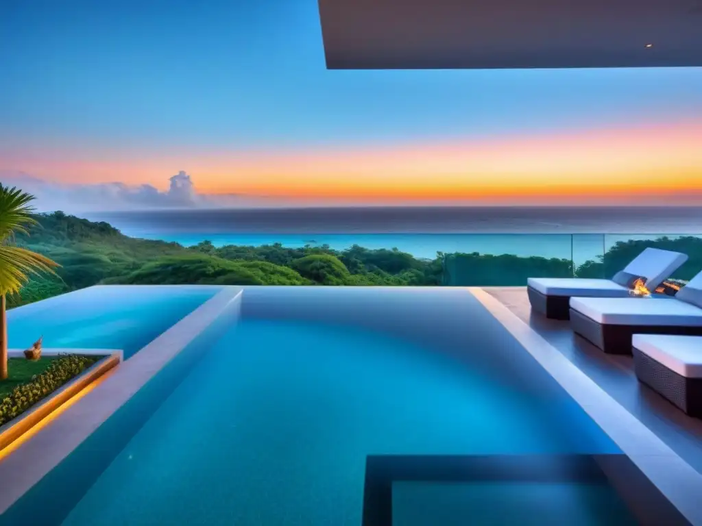 Penthouse de lujo con piscina infinita y vistas al mar al atardecer Resorts de tiempo compartido lujo: lujoso penthouse con piscina infinita y jardines tropicales al atardecer