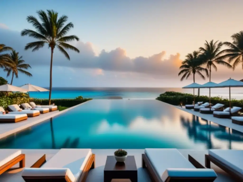 Piscina infinita de lujo en paraíso tropical al atardecer Resorts de tiempo compartido de lujo: Una piscina infinita de lujo con vista a la playa al atardecer, rodeada de palmeras y tumbonas elegantes