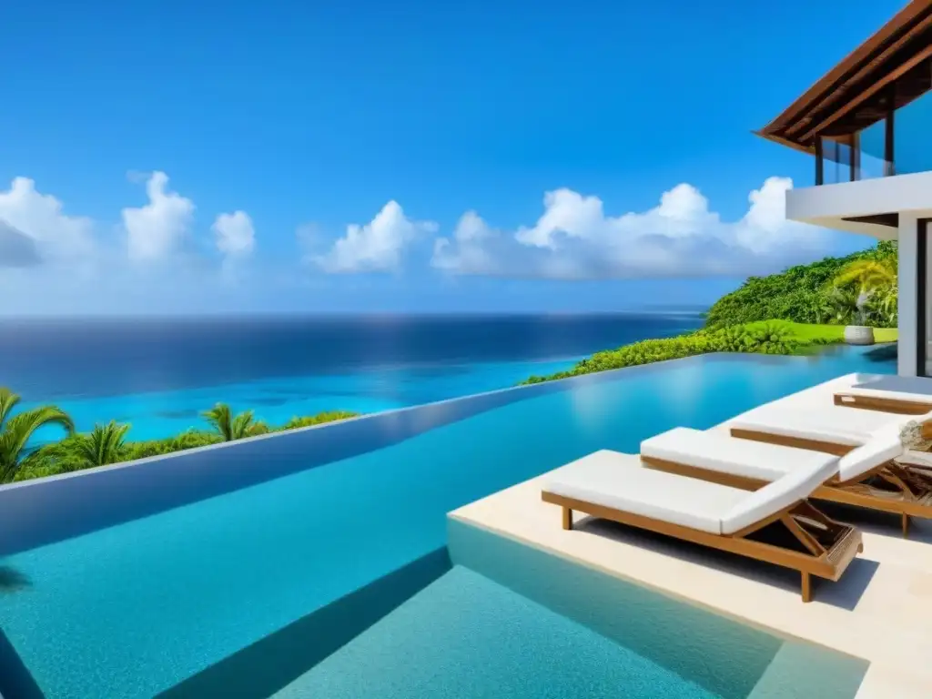 Villa de lujo con piscina infinita y vista al mar en 8k Resorts de tiempo compartido lujo: Villa moderna con piscina infinita y vista al mar, rodeada de palmeras y flores tropicales