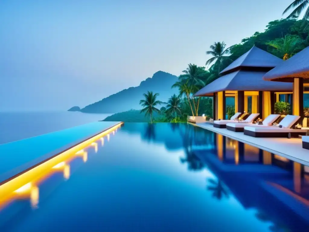 Resort de lujo en Asia: arquitectura futurista y piscina infinita Resorts de tiempo compartido lujo Asia: Resort moderno y lujoso en Asia con arquitectura futurista y piscina infinita