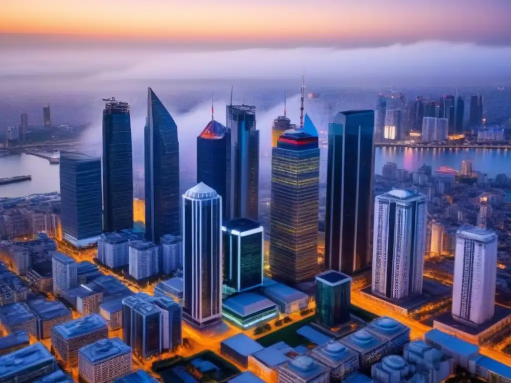 Vibrante ciudad futurista: luces, rascacielos y drones al atardecer Resplandeciente ciudad al atardecer con rascacielos modernos iluminados y drones futuristas