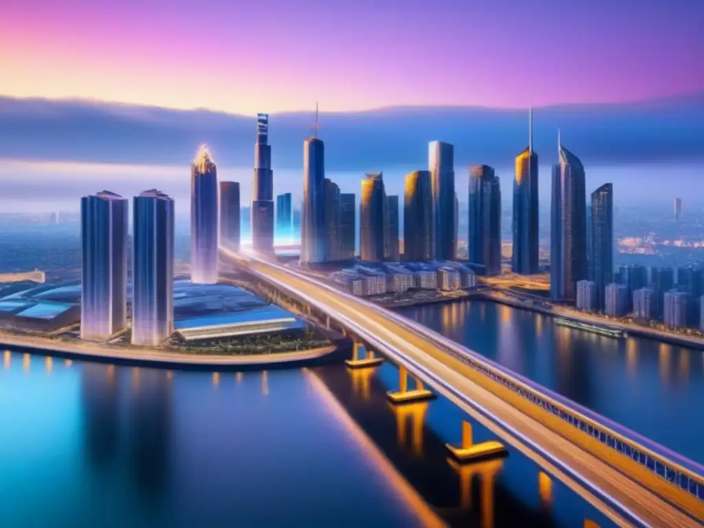Metrópolis futurista al atardecer: ciencia ficción urbana El resplandeciente El Dorado inmobiliario de ciudades postindustriales al atardecer