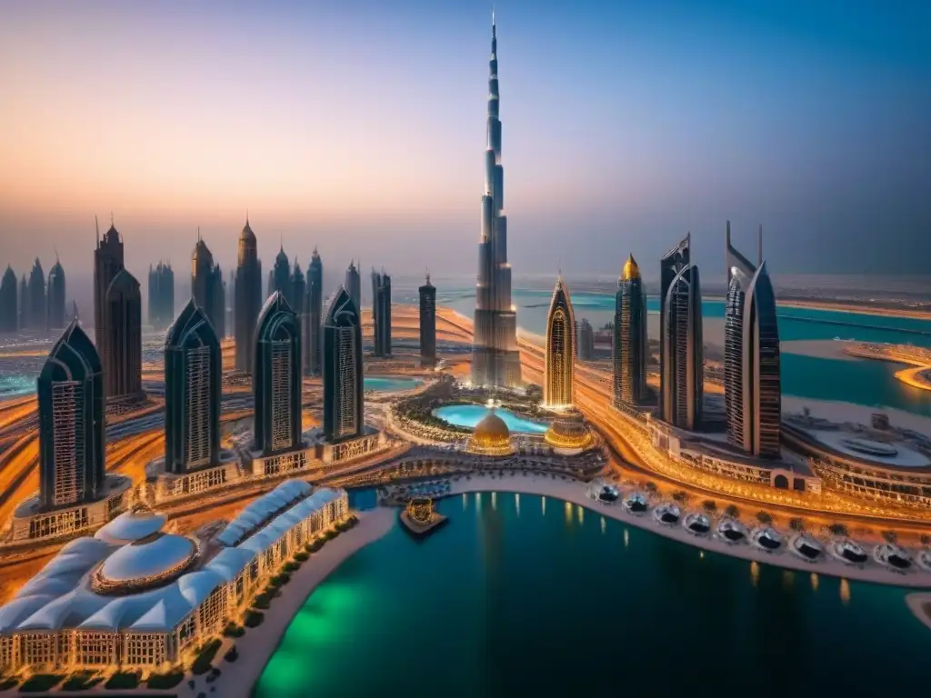 Esplendor nocturno: Dubai futurista y opulenta El resplandeciente horizonte futurista de Dubai al anochecer, con el Burj Khalifa y otros rascacielos iluminados