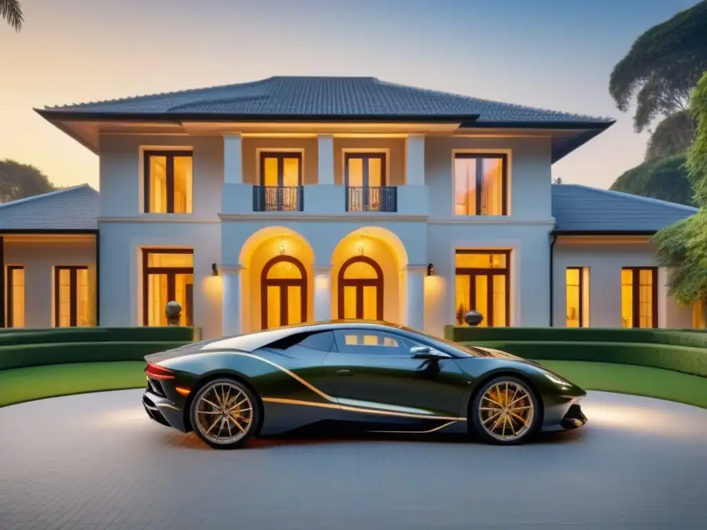 Residencia de lujo al atardecer: opulencia y elegancia Resplandeciente mansión de lujo al atardecer, con coche negro y exuberante vegetación