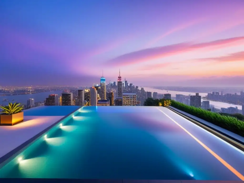 Espléndida mansión de lujo con vistas al atardecer en la ciudad Resplandeciente mansión de lujo moderno con vista a la ciudad al atardecer