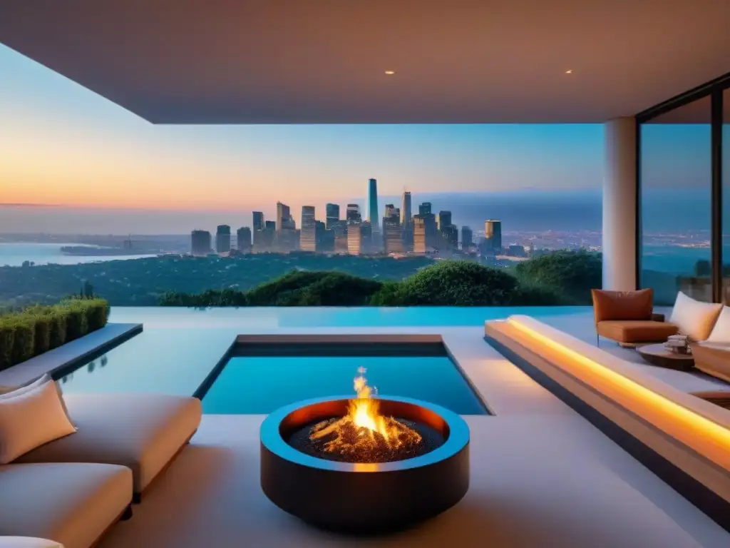 Mansión de lujo: modernidad y elegancia en la ciudad Resplandeciente mansión de lujo con piscina infinita y vistas a la ciudad al atardecer