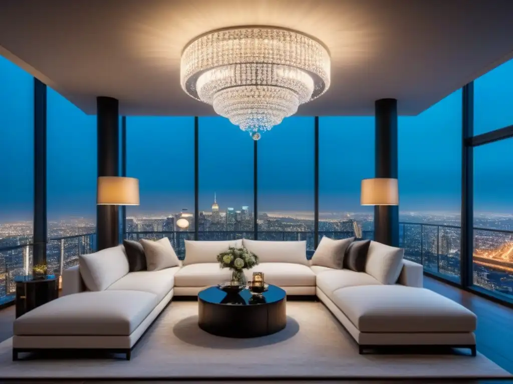 Penthouse de lujo: Vista nocturna de la ciudad desde un oasis sofisticado Resplandeciente penthouse de lujo con vista a la ciudad de noche