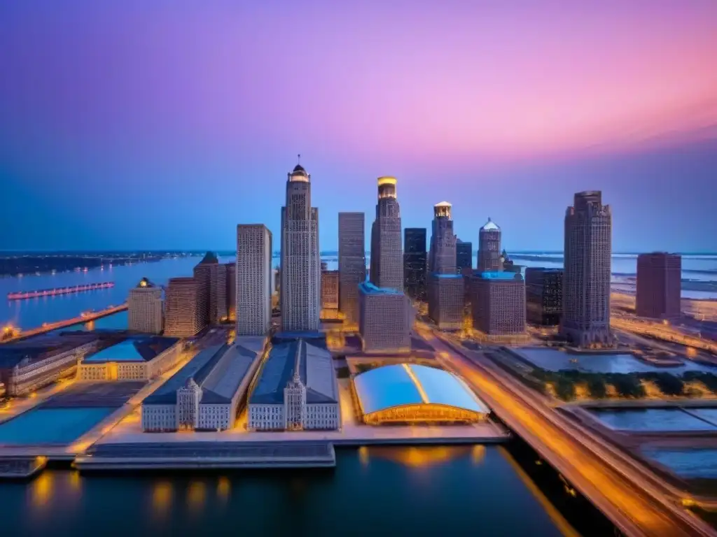 Horizonte de Detroit al atardecer: historia y modernidad El resplandeciente skyline de Detroit al atardecer, con su arquitectura histórica y rascacielos modernos iluminados contra el cielo anaranjado y rosa
