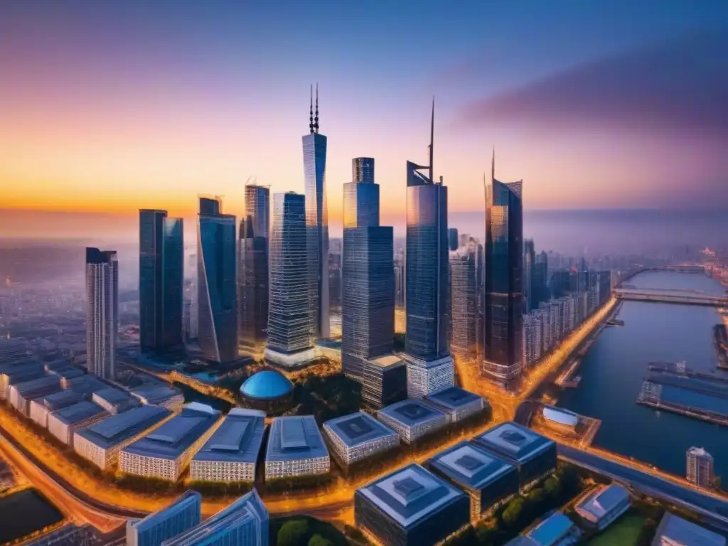 Espléndido atardecer urbano: modernidad y progreso inmobiliario El resplandor cálido del atardecer ilumina los rascacielos modernos de una ciudad, mientras las luces nocturnas comienzan a brillar