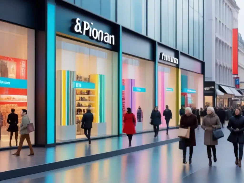 Escena urbana: vibrante street shopping con diversidad y energía Inversión en retail comercial rentable: Calle comercial vibrante con tiendas modernas y gente variada de compras
