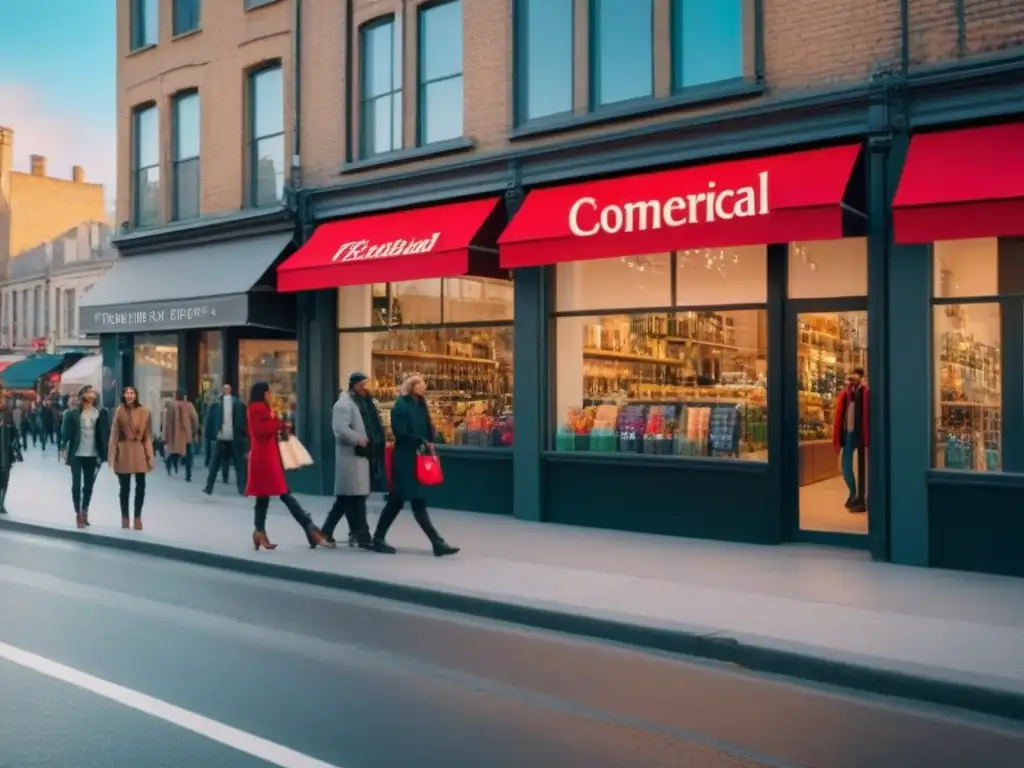 Escena urbana: Tienda de moda concurrida en la ciudad Inversión en retail comercial rentable: Escena vibrante de una esquina de ciudad con moderno espacio comercial y personas variadas de compras