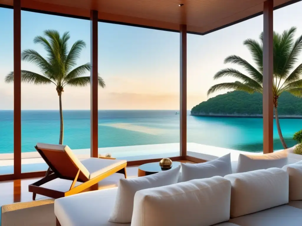 Paraíso exclusivo: lujo en isla privada con villa moderna y yacht Retiro de lujo en isla privada: villa moderna, palmeras verdes y aguas turquesa