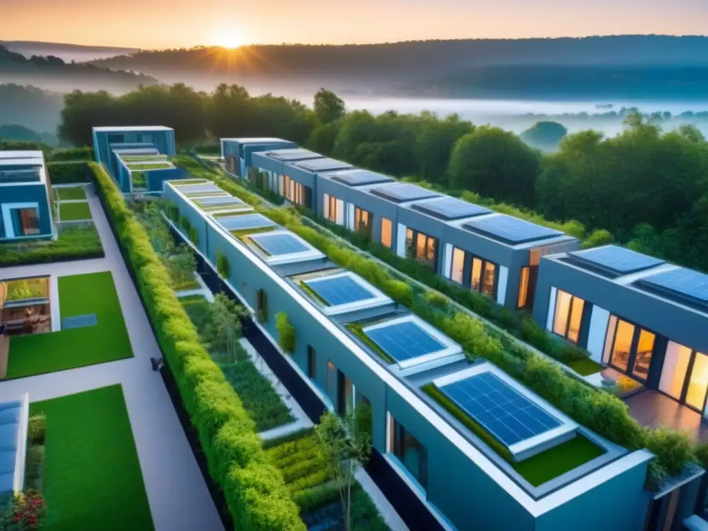Complejo de cohousing moderno en armonía con la naturaleza Retorno de inversión en proyectos de cohousing internacional en armonía con la naturaleza al atardecer
