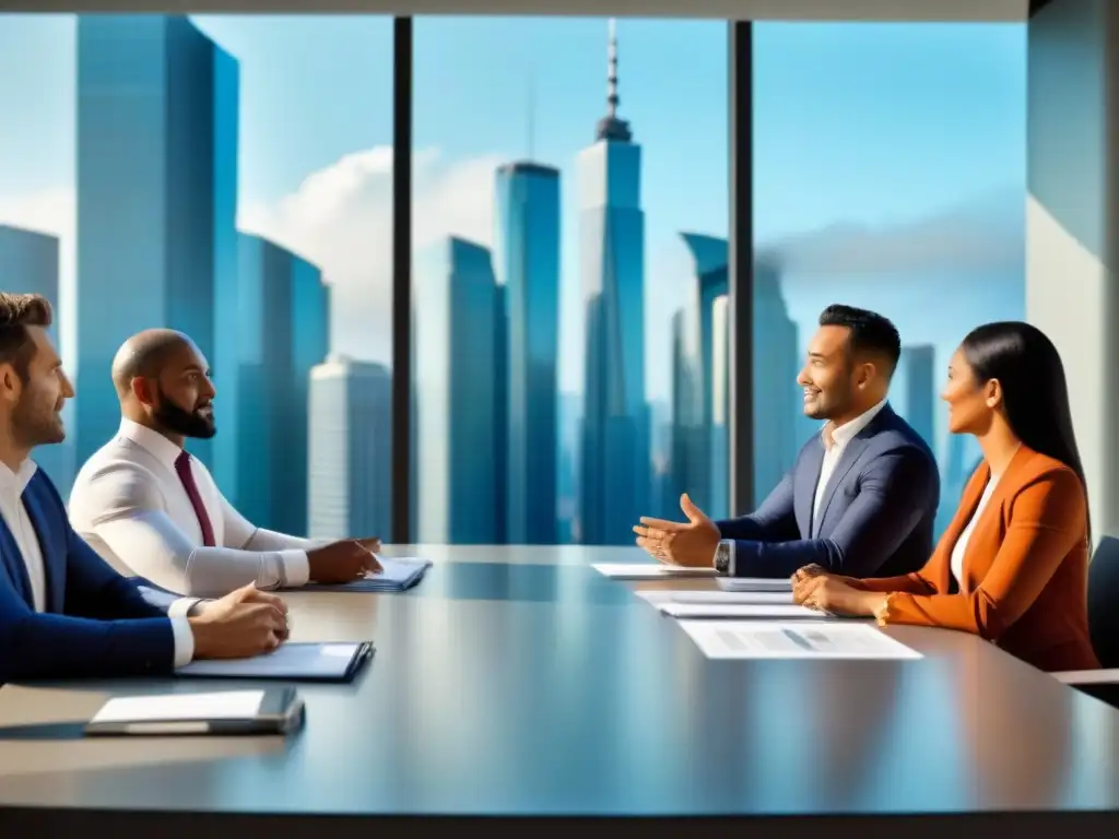 Inversionistas globales en sala de juntas ultramoderna Una reunión dinámica de inversionistas globales en mercado inmobiliario, colaborando en un elegante y moderno salón con vista a la ciudad