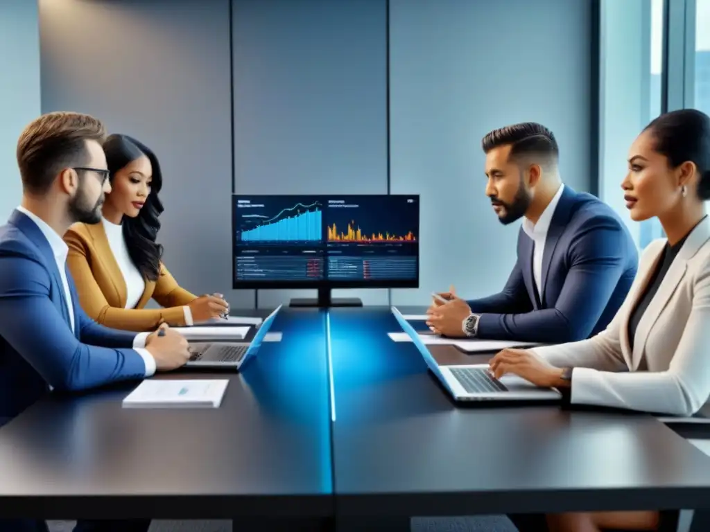 Inversores internacionales en reunión de alta tecnología Una reunión dinámica de inversores inmobiliarios internacionales cumpliendo normativas de seguridad