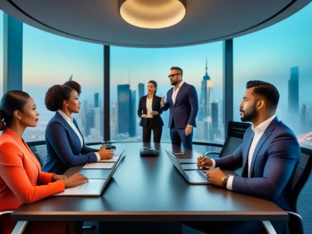 Inversionistas globales diversificados analizando datos de inversión inmobiliaria en sala de juntas moderna Una reunión dinámica de inversores internacionales en un moderno salón de juntas, discutiendo datos de inversión inmobiliaria global
