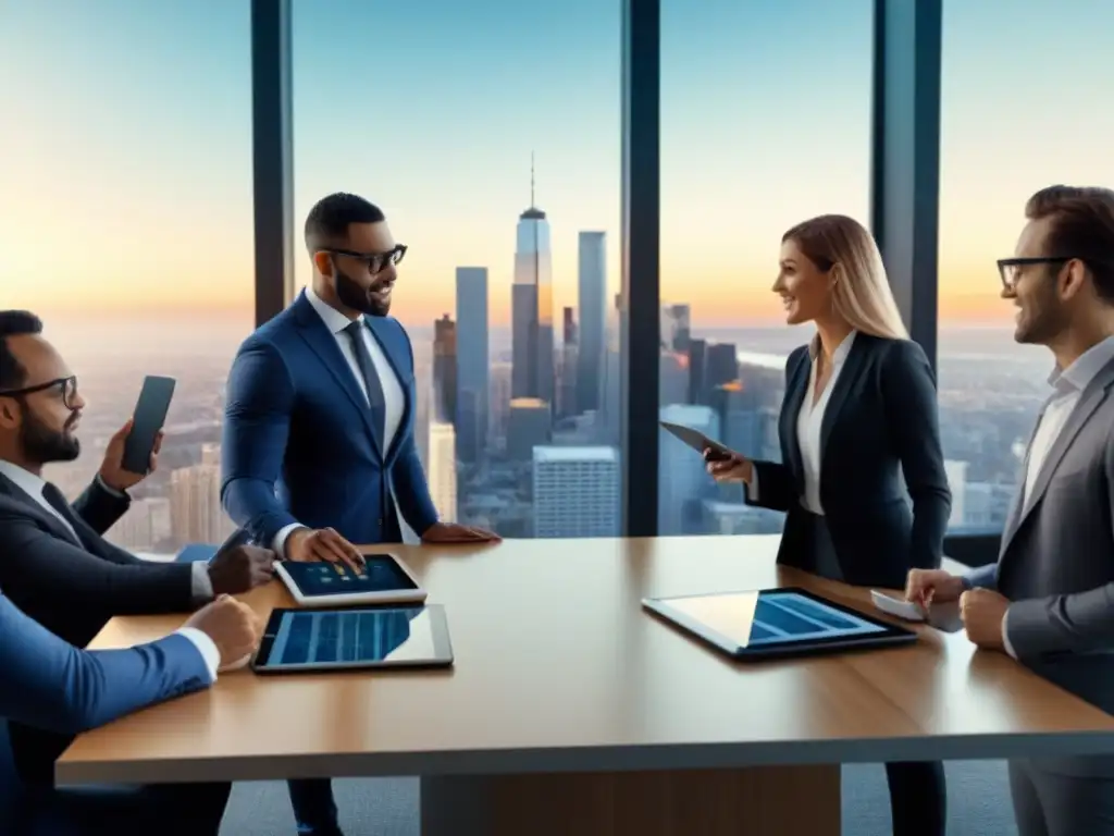 Reunión estratégica de expertos inmobiliarios en oficina moderna Una reunión dinámica en una oficina moderna, donde un grupo diverso discute estrategias de marketing inmobiliario