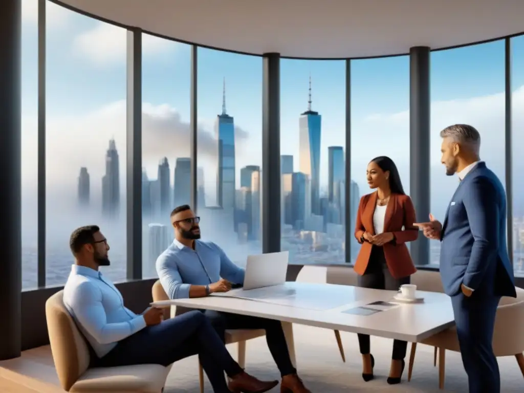 Reunión creativa: Estrategias innovadoras para vender tu multipropiedad Una reunión dinámica y profesional de diversas personas discutiendo alternativas creativas para evitar errores en la reventa de tiempo compartido