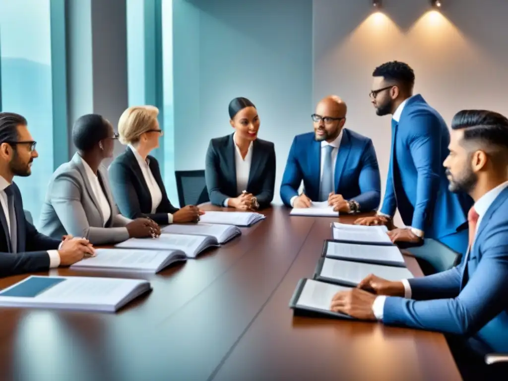 Profesionales colaborando en regulaciones de timeshare Una reunión dinámica de profesionales en una sala moderna, colaborando en la legislación de asociaciones de tiempo compartido para inversores