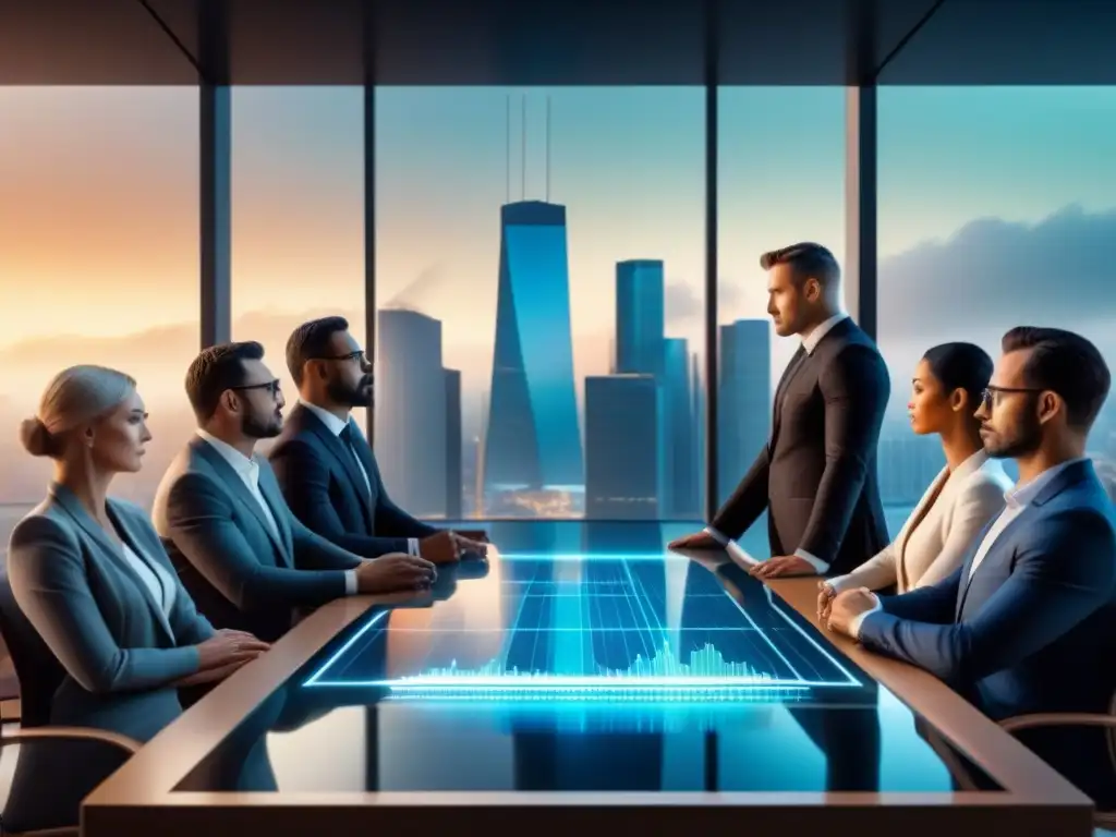 Una reunión diversa analizando inversiones en REITs durante crisis en una sala de juntas futurista