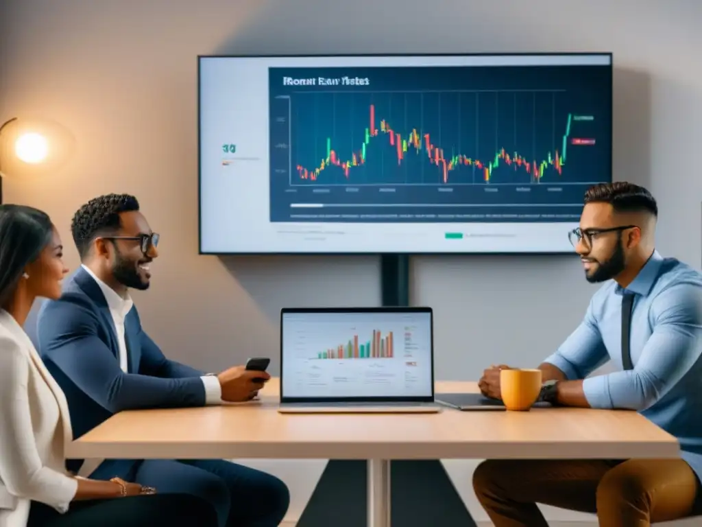 Inversores millennials debatiendo estrategias de inversión inmobiliaria Una reunión de millennials diversificados debatiendo estrategias de inversión inmobiliaria en un entorno moderno y colaborativo