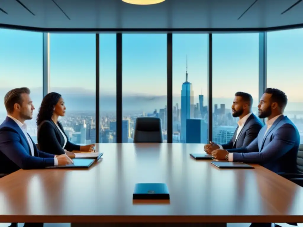Empresarios diversificados debaten pólizas de seguros en oficina innovadora Reunión de dueños de negocios en oficina moderna y sofisticada, discutiendo pólizas de Seguros Propiedades Comerciales Internacionales