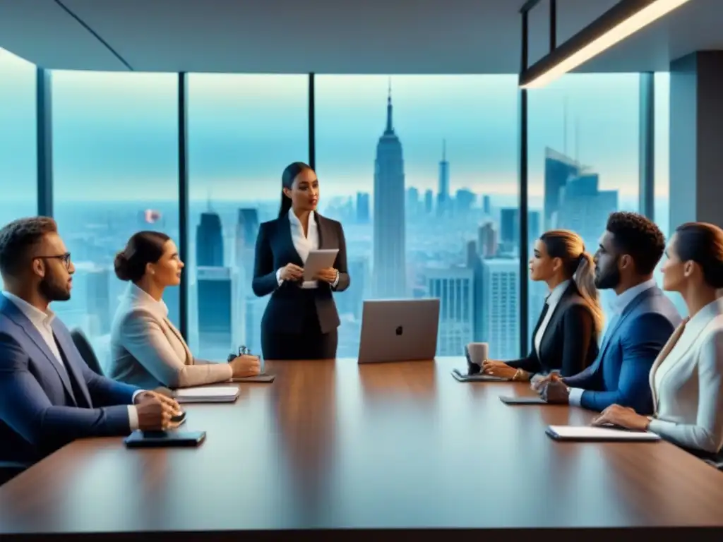 Reunión estratégica de marketing inmobiliario en oficina moderna de lujo Reunión de estrategias de contenido con influencers inmobiliarios en una moderna oficina con vista panorámica