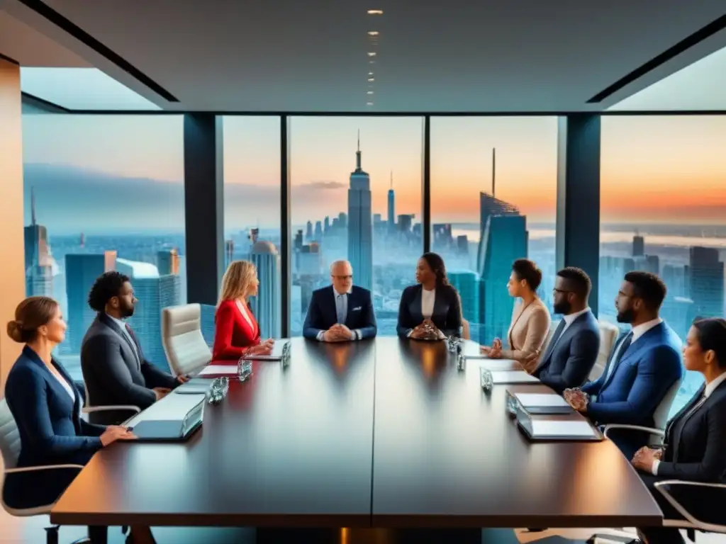 Reunión estratégica en lujosa sala de juntas con vista a la ciudad Reunión estratégica de asesores en moderna sala de juntas con vista a la ciudad