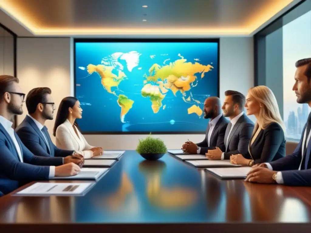 Inversores globales en reunión estratégica de alto nivel Reunión estratégica de inversores globales en sala moderna con tecnología de vanguardia y mapa mundial