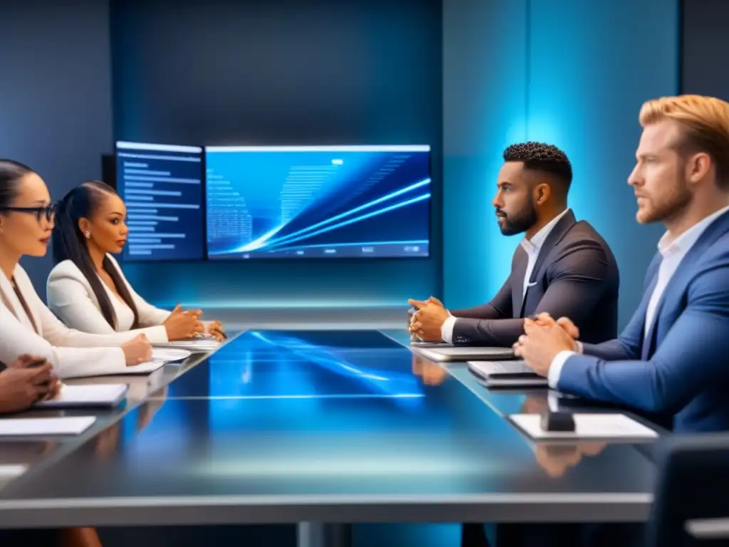 Reunión estratégica: Diversidad y tecnología en la mesa de negocios Una reunión estratégica de inversión de mercado internacional en una mesa futurista