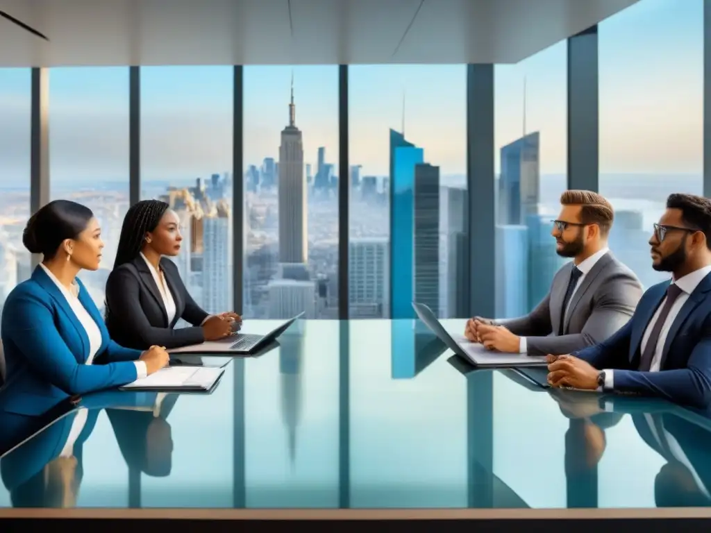 Reunión estratégica de profesionales en ciudad global Una reunión estratégica de profesionales de negocios diversos en una ciudad, mostrando colaboración e innovación