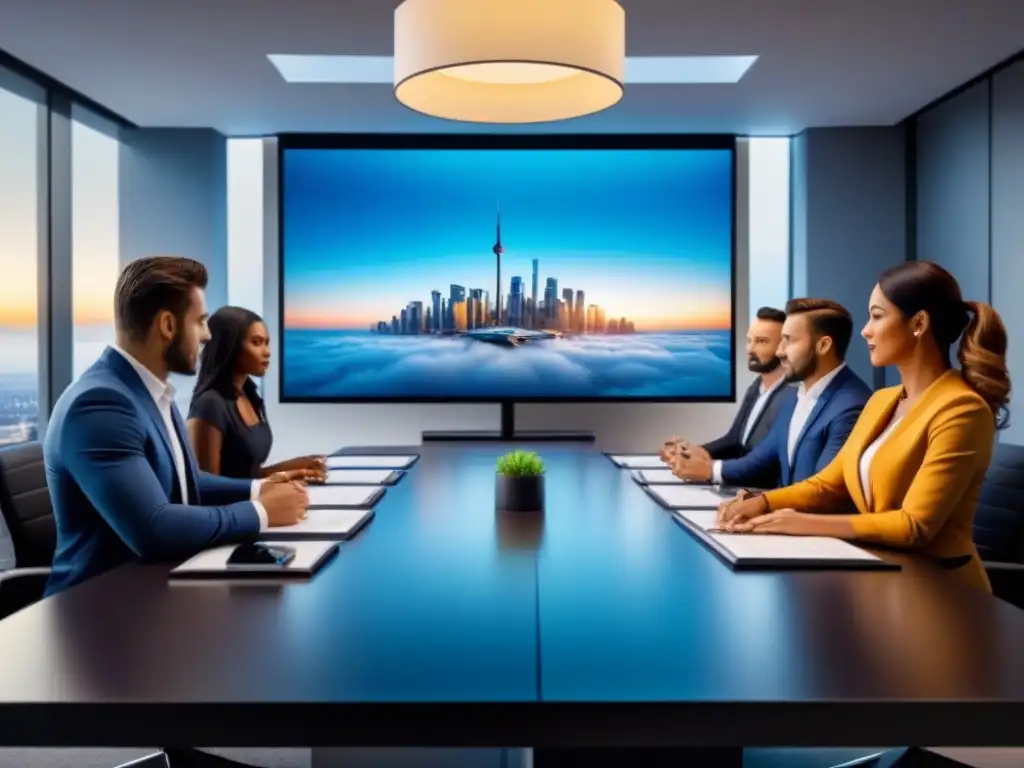 Conferencia de profesionales en inversiones inmobiliarias Reunión estratégica de profesionales en oficina de lujo planificando reinversión en alquiler inmobiliario