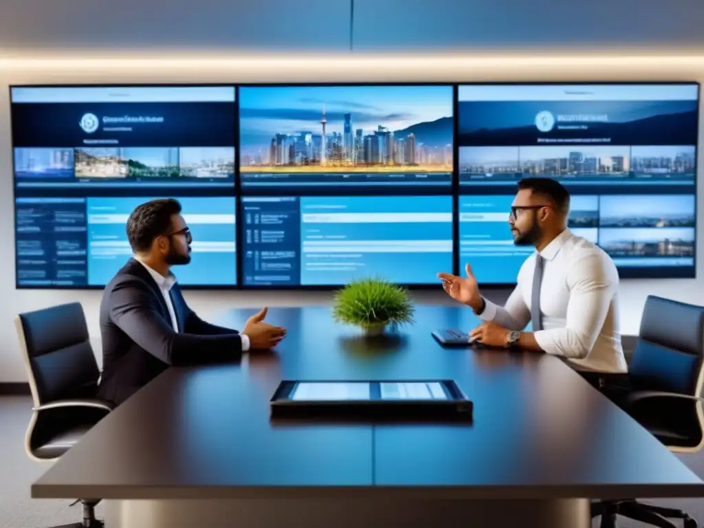 Reunión estratégica de profesionales: marketing inmobiliario internacional Reunión estratégica de profesionales en oficina moderna con tecnología avanzada
