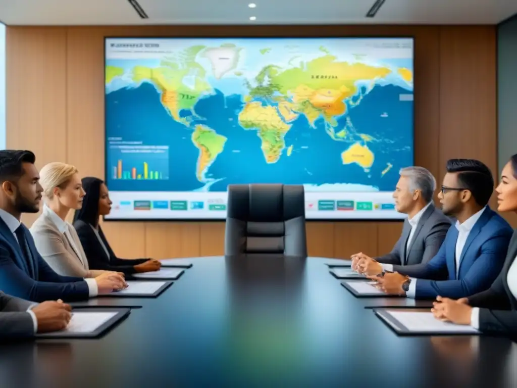 Reunión estratégica de profesionales en moderna sala de juntas Reunión estratégica de profesionales en traje de negocios analizando datos y mapas para invertir en terrenos sin desarrollar