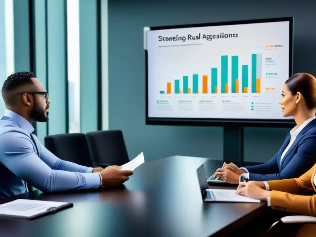 Profesionales en reunión estratégica: Due Diligence en Real Estate Una reunión estratégica en una sala de juntas moderna con profesionales de negocios diversos revisando documentos