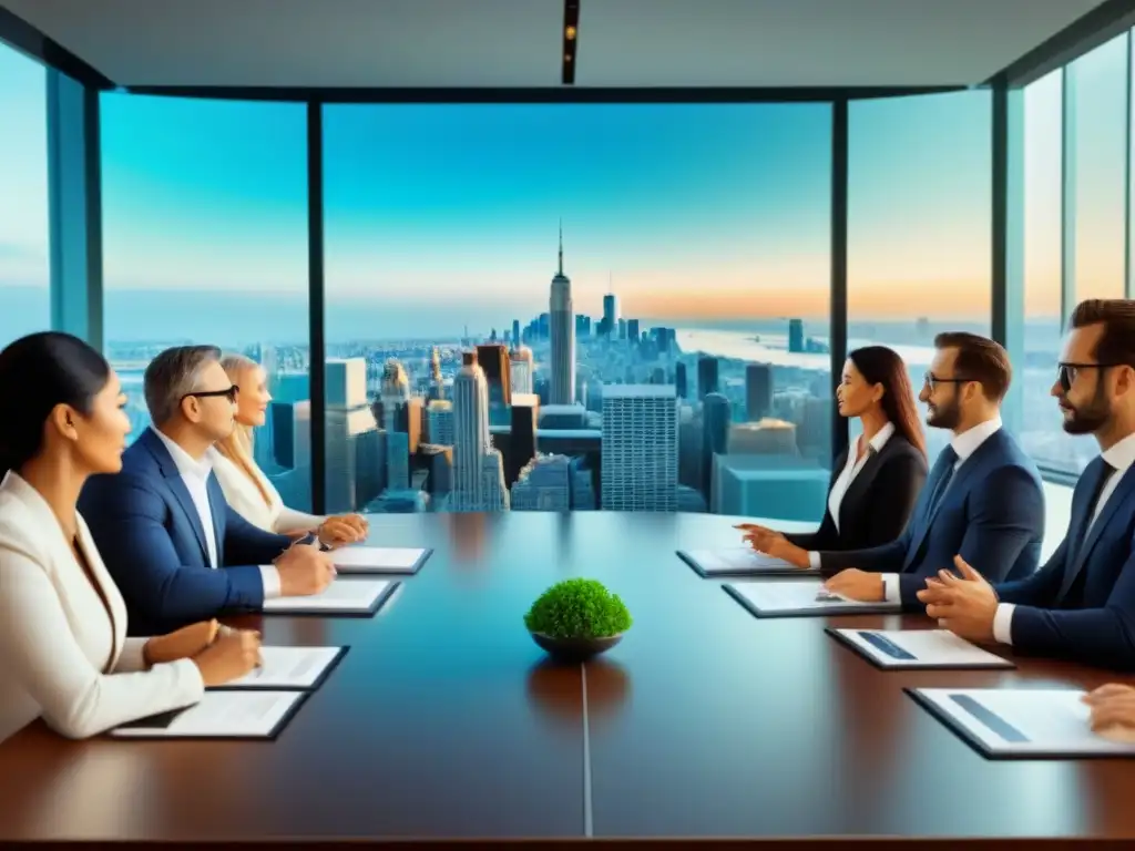 Reunión de expatriados: inversión inmobiliaria global Una reunión de expatriados en una lujosa oficina con vista a la ciudad