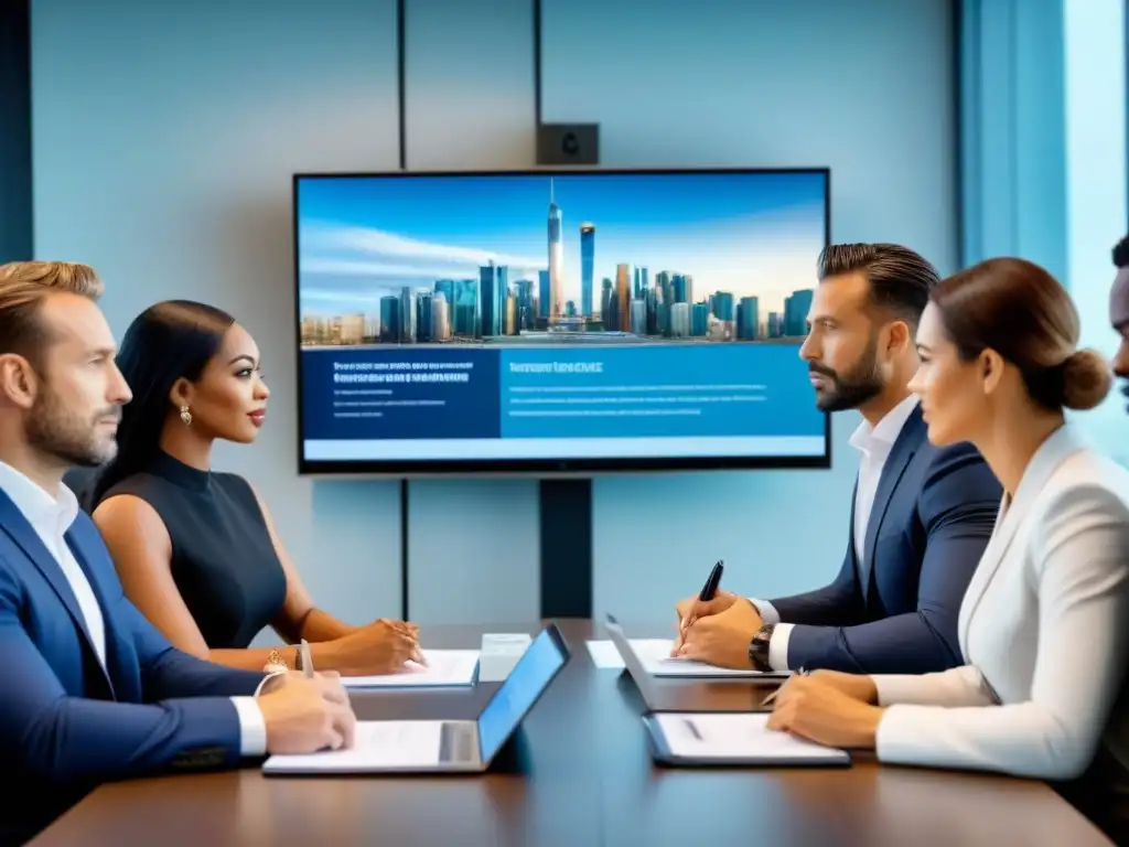 Expertos legales internacionales en reunión estratégica Una reunión de expertos legales en un moderno salón, discutiendo sobre inversiones inmobiliarias internacionales con eficiencia y profesionalismo